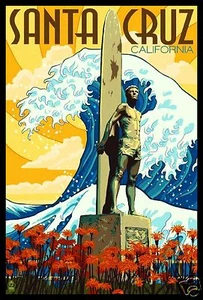 Santa Cruz California Surfing Travel Poster Canvas Print Fridge Magnet 6x8 Large - Picture 1 of 2