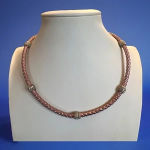 Judith Ripka Sterling 925 Metallic Rosa Gewebtes Leder CZ Bahnhof Halskette 18" - Bild 1 von 11