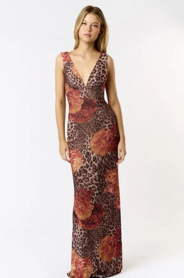 NUEVO SIN ETIQUETAS TALLA MEDIANA LEOPARDO Y FLORAL PRECIOSO VESTIDO FORMA AJUSTE MAXI Foto 1 de 3