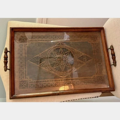 Vintage Hand-Carved Wooden Serving Tray with Glass — Ornate Geometric Star  - Image 1 of 4