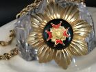 60'S Sunburst Maltese Cross Shield Medallion Enamel Lucite Necklace Gold Tn 24