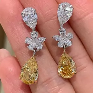 Yellow Cubic Zirconia Dangle Tear Drop Shape Earrings Sparkle White Clear - Picture 1 of 5