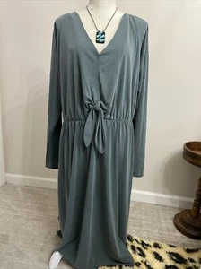 Realize Green Dress Tie Waist Fit Flare V Neck Sz 2X Pullover Slinky Dress - Picture 1 of 21