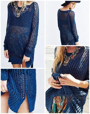  Silence + Noise Tunic Sweater Marled Open-Stitch Blue Small Knit Cotton Blend - Image 1 of 2