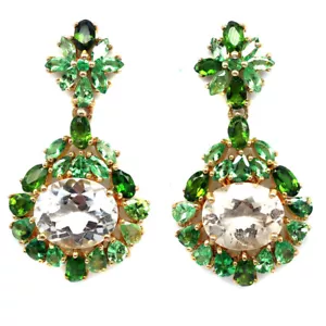 Gemstone 9 x 11 MM. White Topaz & Green Tsavorite Garnet Earrings 925 Silver - Picture 1 of 4