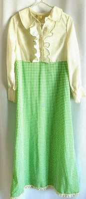 Girls 70s Gingham Prairie Dress Green Plaid Modest Ruffle Retro Farmhouse Sz 12 - Image 1 of 4