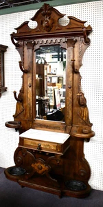 Antique Hall Tree:Carvings,Pediment,Columns,Stand w/Cast Iron Bowls,Marble Shelf - Picture 1 of 13
