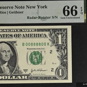 2009 $1 Federal Reserve Note PMG 66EPQ - Fancy Radar Serial Number 00888800 - Picture 1 of 3
