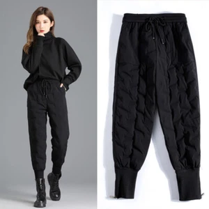 Women's Puffer Quilted Drawstring Pants Side Zip Tapered Trousers Casual - Picture 1 of 7