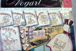 * VTG 1940s "BUSY PUP" Dog Days of Week Towel Transfer Pattern Vogart Uncut - Picture 1 of 1