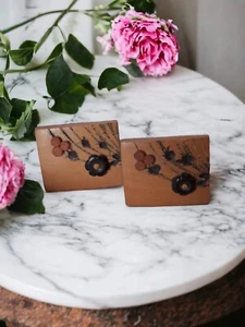 VINTAGE Manschettenknöpfe Holz Blumenmuster quadratisch silberfarben Kugel Rückseite einzigartig. - Bild 1 von 14