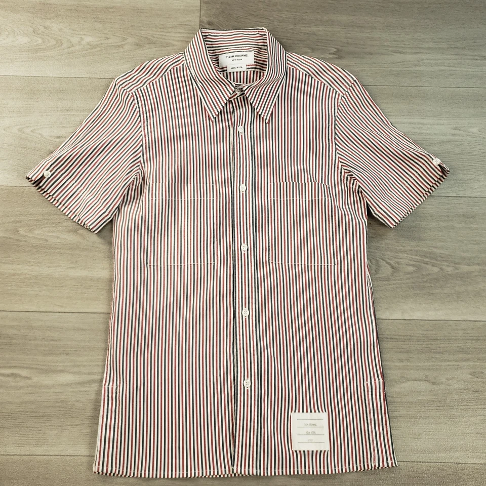 Thom Brown Boys Youth Button Up Shirt Size Large Blue Red Striped Short Sleeve - Image 1 of 4
