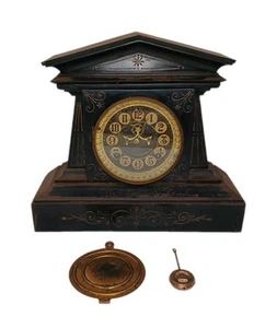 ANTIKE ANSONIA SCHWARZ EISEN GEHÄUSE MANTELUHR PATENTIERT 1882 zum/Reparieren *LESEN* - Bild 1 von 15