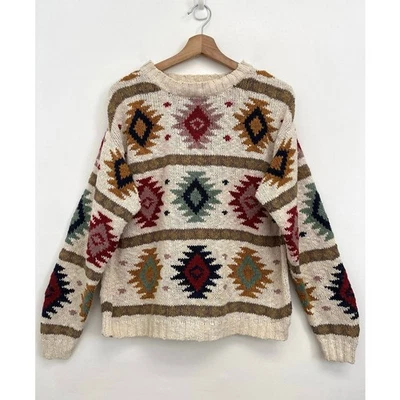 Vintage L.L. Suéter Grande Tejido Grueso Colorido Cuello Redondo Algodón Estampado Azteca Bean Foto 1 de 4
