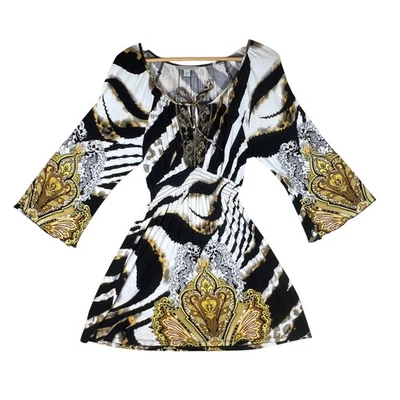 Boston Proper Retro Dress Small Zebra Print Embellished Bell Sleeve Mini Dress - Image 1 of 4