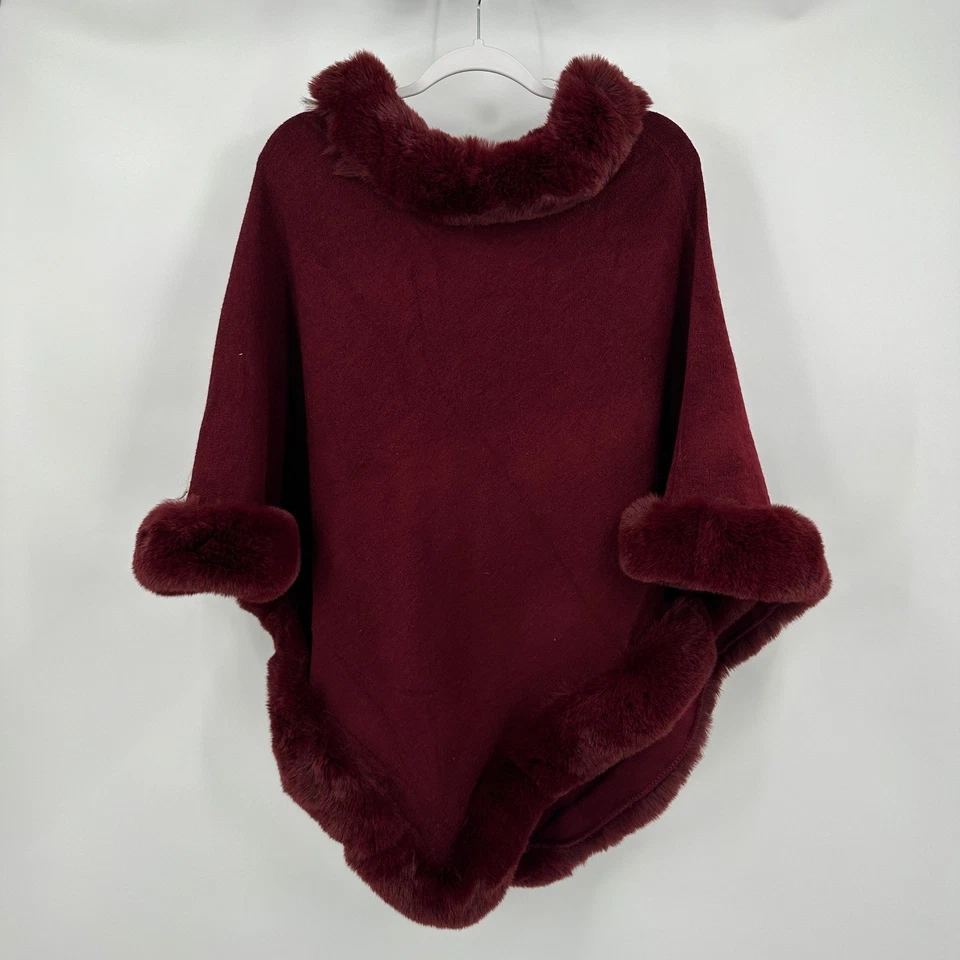 Poncho para mujer Luxe Old Money ribete de piel sintética talla única terciopelo borgoña glamour Foto 1 de 4