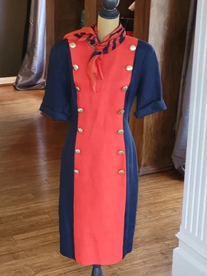 1980s Linen Colorblock Navy/Red Mid Length Dress Size 14 - Image 1 of 4