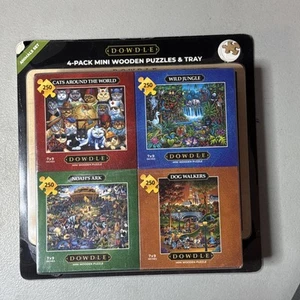 DOWDLE 4-Pack Mini Wooden Puzzles & Tray - Animals Set - 7" x 9" Each - NEW - Picture 1 of 7