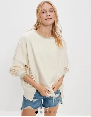 Sudadera para mujer American Eagle Big Hug acogedora cuello redondo de gran tamaño marfil talla M Foto 1 de 4