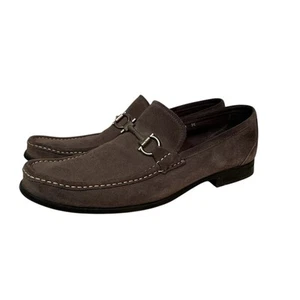 Ferragamo Gray Suede Loafers 11 EE Wide Silver Gancini Bit Buckle Luxury Shoe - Picture 1 of 20