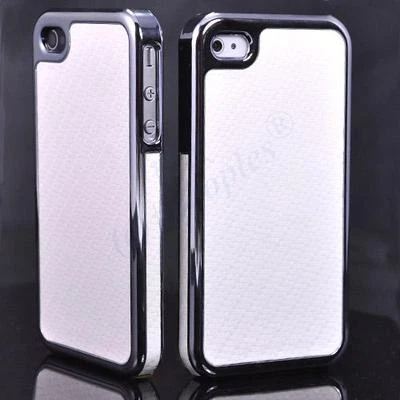 New White Deluxe Carbon Fibre Hard Back Chrome Case for iPhone 4S 4 - Image 1 of 4