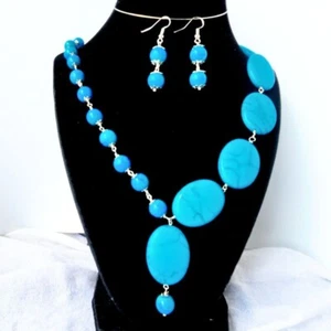 Handmade Turquoise Blue Statement Necklace & Earring Set – Chunky Beaded Jewelry - Picture 1 of 6