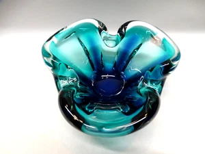 Vtg Murano Teal & Blue Trio Wave Cigar Ashtray Heavy Hand Blown Solid Glass EUC - Picture 1 of 18