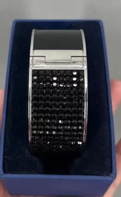 Pulseira Swarovski Intervalle Jet feminina couro cristal brilhante presente elegante - Imagem 1 de 4