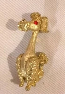 Mid-century Mamselle Gold Tone Poodle Pin Red Rhinestone Eye Nice Vintage Brooch - Picture 1 of 2