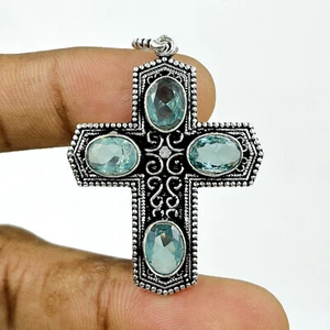925 Sterling Silver Swiss Blue Topaz Gemstone Handmade Jewelry Cross Pendant - Picture 1 of 4