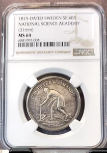 1815 SWEDEN SILVER NATIONAL SCIENCE ACADEMY MEDAL NGC MS 64 RARE TOP POP 1 - Picture 1 of 3