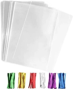 100 Pack 4x9 Inch Clear Cellophane Bags with Twist Ties for Candy Cookies - Picture 1 of 7