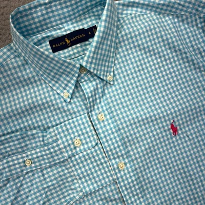 Ralph Lauren Shirt Mens Large Aqua White Gingham Classic Fit Button Down Pony - Image 1 of 4