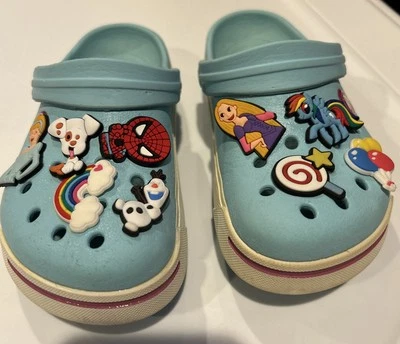 CROCS Kids Crocband II Clogs US Size c10/11 Ice Blue/Candy Pink Shoes with charm - Image 1 of 4
