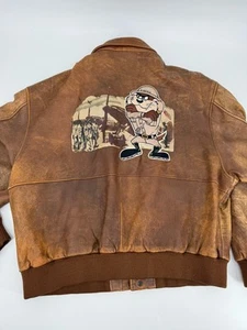 Vintage Taz Tasmanian Devil Brown Leather Aviator Jacket Warner Bros XL Looney - Bild 1 von 9