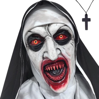 Nun Scary Mask Halloween Party Bloody Horror Full Head Costume & Cross Necklace - Image 1 of 4