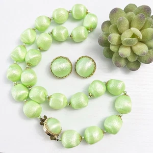 Vintage JAPAN Mid-Century Mint Green Necklace & Clip Earring Set - Picture 1 of 6