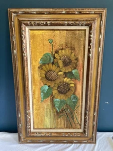 Vintage Sunflower Oil Painting in Carved Frame | Rustic Wall Art | Vintage Finds - Picture 1 of 9