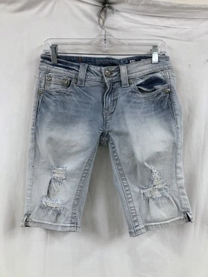 Women's Miss Me Light Blue Distressed Bermuda Shorts Fleur de Lis Pocket Size 27 - Image 1 of 4