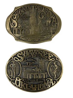 Lote de 2 hebillas de cinturón de latón Shawnee Oklahoma 1980 y 1982 Foto 1 de 4