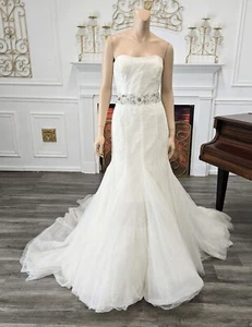 Pronovias Ivory Sequin Tulle Strapless Belted Wedding Dress sz 14 - Picture 1 of 3
