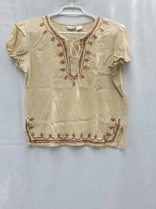 Womens Rave Beige & Brown Cotton Embroiderered Trim Shirt, Size L - Picture 1 of 9