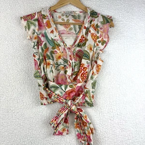 Rachel Zoe Boho Hippie Floral Tie Front Short Flutter Crop Top XS Linen Blend - Picture 1 of 8