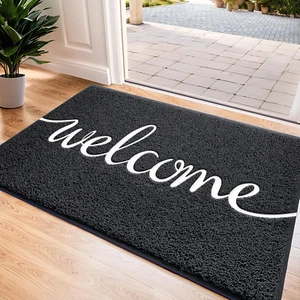Black Door Mat Welcome Mats Outdoor Indoor Non-Slip Doormat for Entryway Low-Pro - Picture 1 of 12