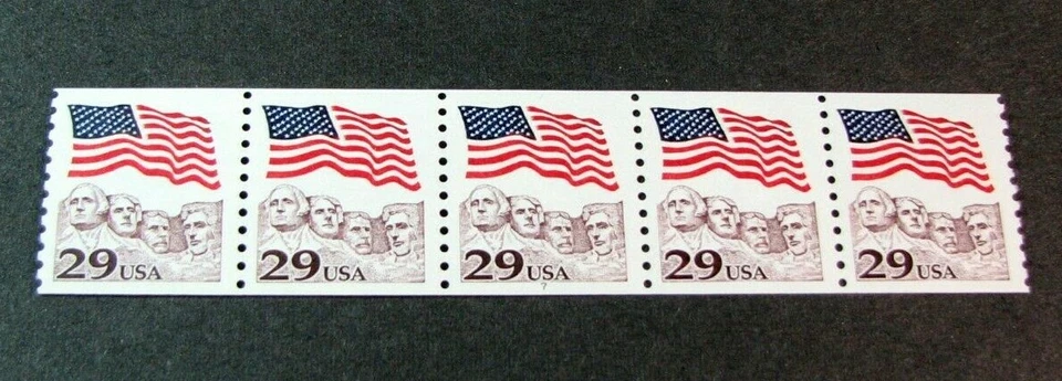US PNC Stamp Scott# 2523 Flag/Mt. Rushmore 1991  MNH Strip of 5 P# 7 (note) L369 - Image 1 of 2