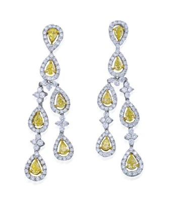 Claw-Set Pear-Shaped Fancy Yellow & White Lab-Created Diamonds Drops Earrings - Image 1 of 4