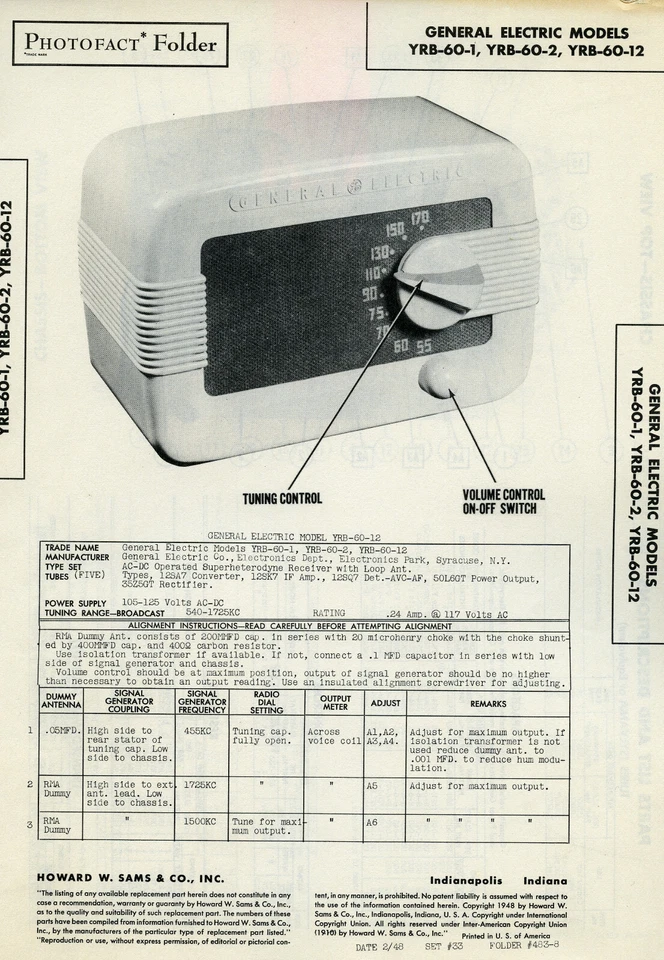 Carpeta fotofacta/esquemática Sam de colección modelo General Elec #s YRB-60-1, 2, 12 SFF67 Foto 1 de 1