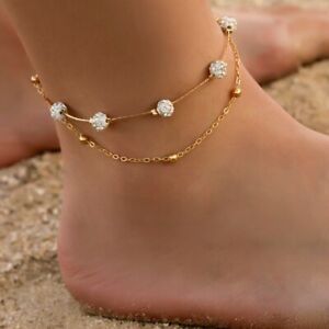 Womens Round Ball Anklet Bracelet Gold Crystal Ankle Charm Chain Foot Anklets UK