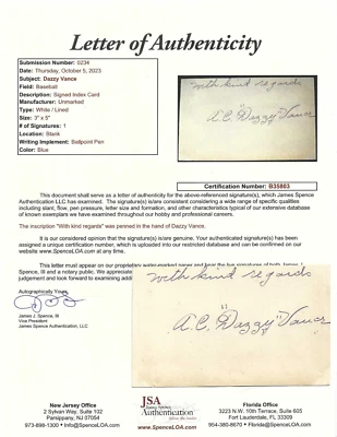 Dazzy Vance Brooklyn Dodgers Baseball Autographed Vintage 3x5 Card JSA Letter - Image 1 of 2