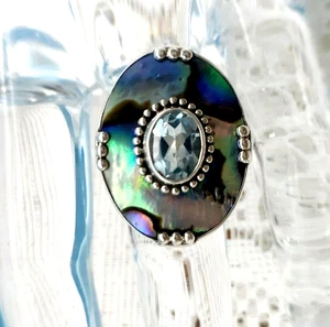 .925 STERLING SILVER RING MERAV OVAL ABALONE & LIGHTBLUE OVAL TOPAZ STONE-6 3/4 - Picture 1 of 4